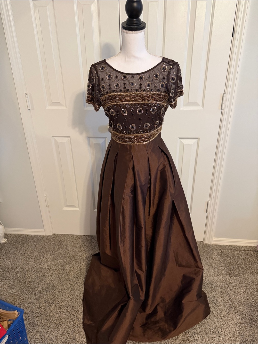 Beaded Brown Prom Gown with Embellished Bodice